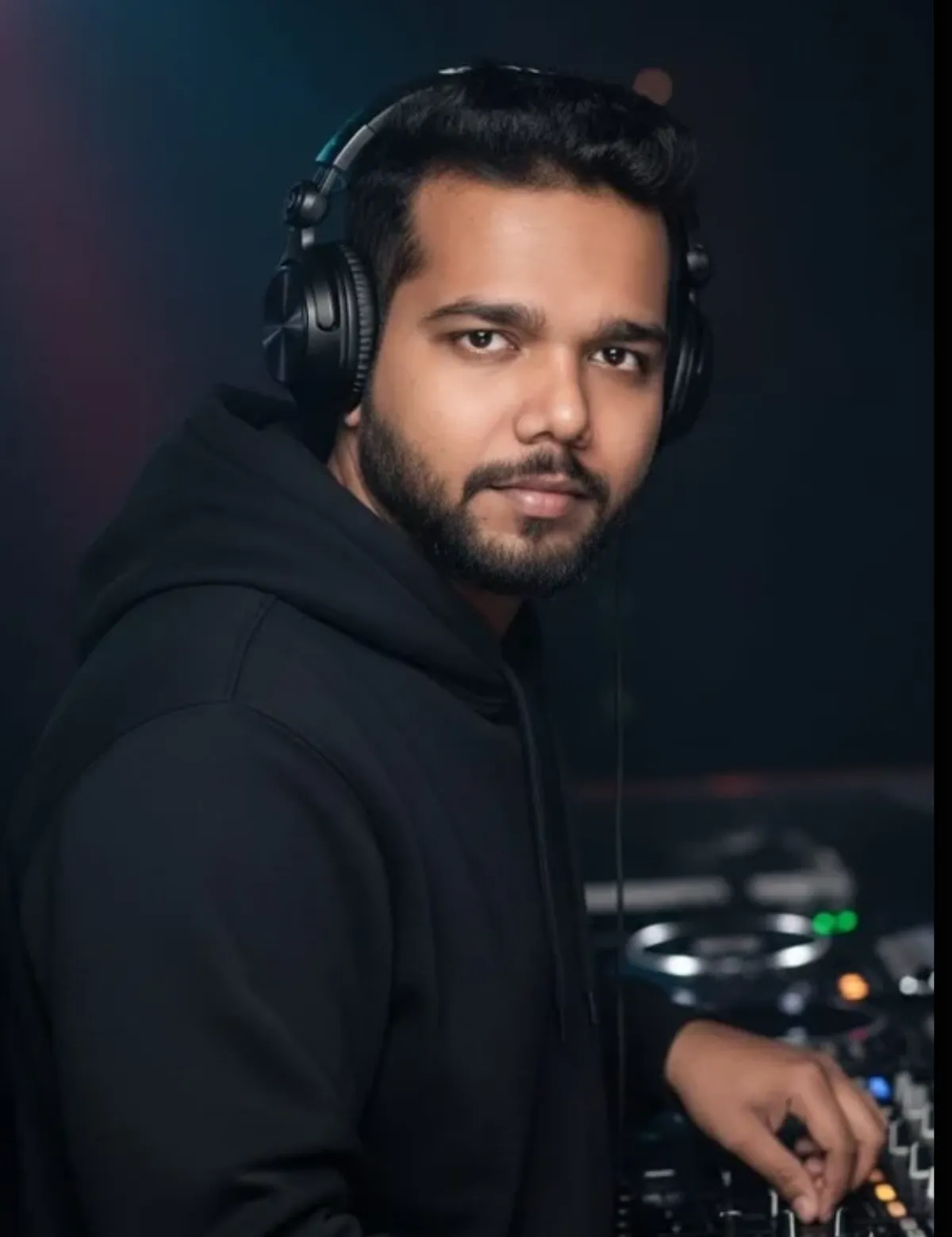 Pratikesh behind the decks wearing headphones, low club light